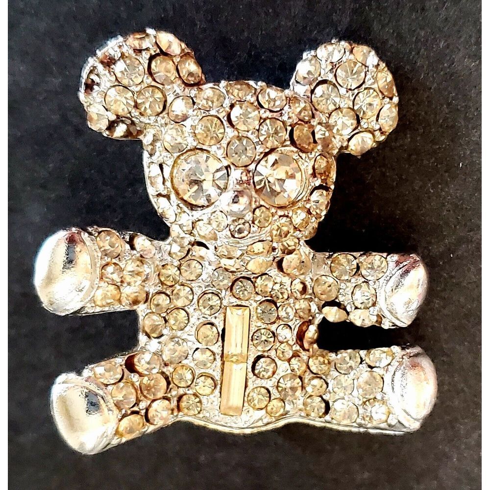 VTG Brooch Teddy Bear Rhinestone Silver Tone Bling Crystal Pin Sparkle Shine Pin